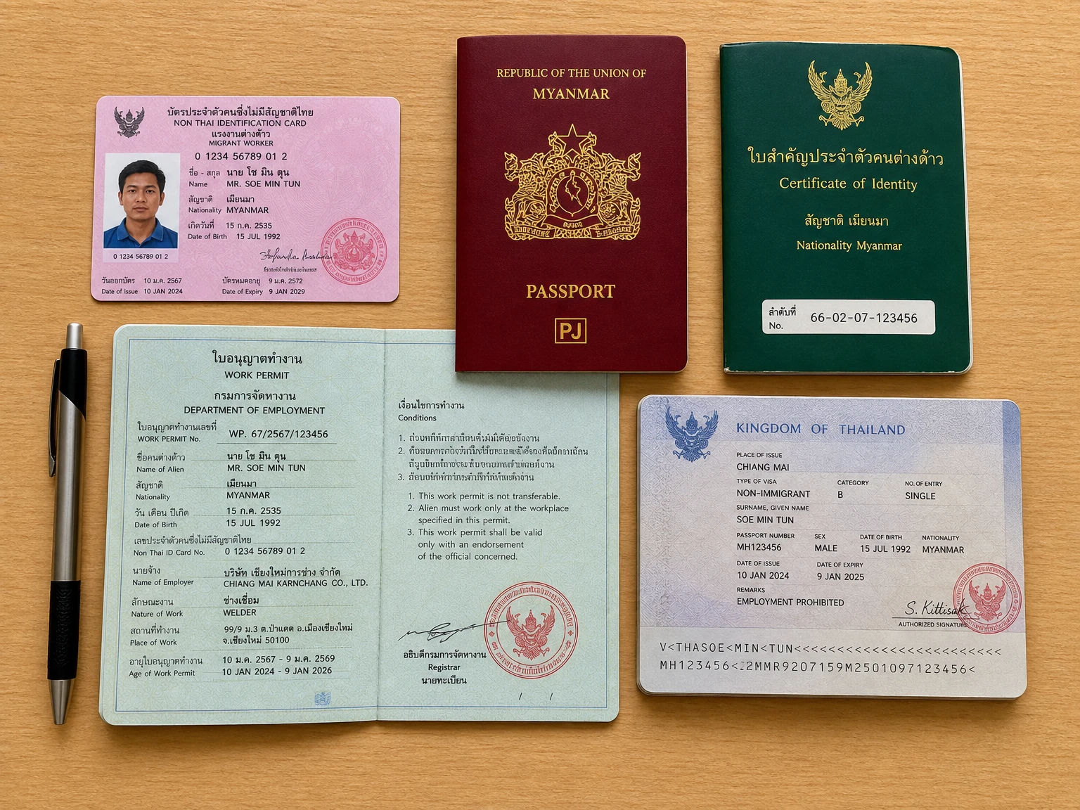 ชุดเอกสารแรงงานต่างด้าวเชียงใหม่วางเรียง บัตรชมพู พาสปอร์ต CI ใบอนุญาตทำงาน และวีซ่า