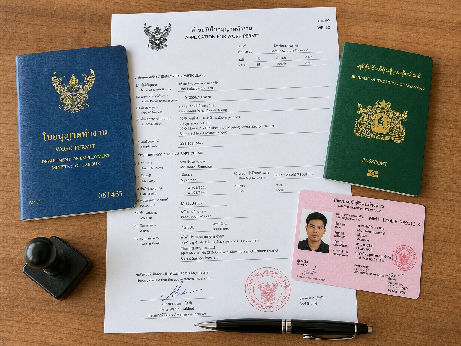 บัตรชมพูวางคู่พาสปอร์ตและใบอนุญาตทำงานของแรงงานต่างด้าวในเชียงใหม่