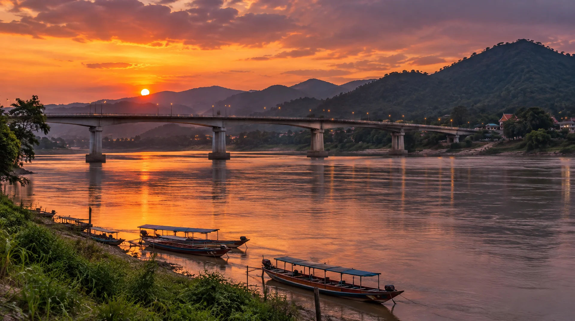 แม่น้ำโขงยามเย็นที่อำเภอเชียงของ มองเห็นสะพานมิตรภาพไทย–ลาว แห่งที่ 4 และภูเขาฝั่งแขวงบ่อแก้ว