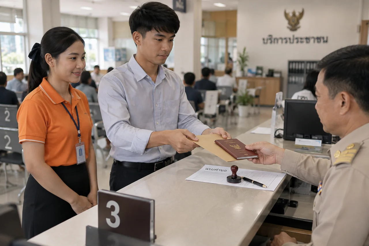 เจ้าหน้าที่ศิริมาส เซอร์วิส พาแรงงานเมียนมาจากอำเภอเชียงแสน ยื่นเอกสารที่เคาน์เตอร์หน่วยงานราชการ