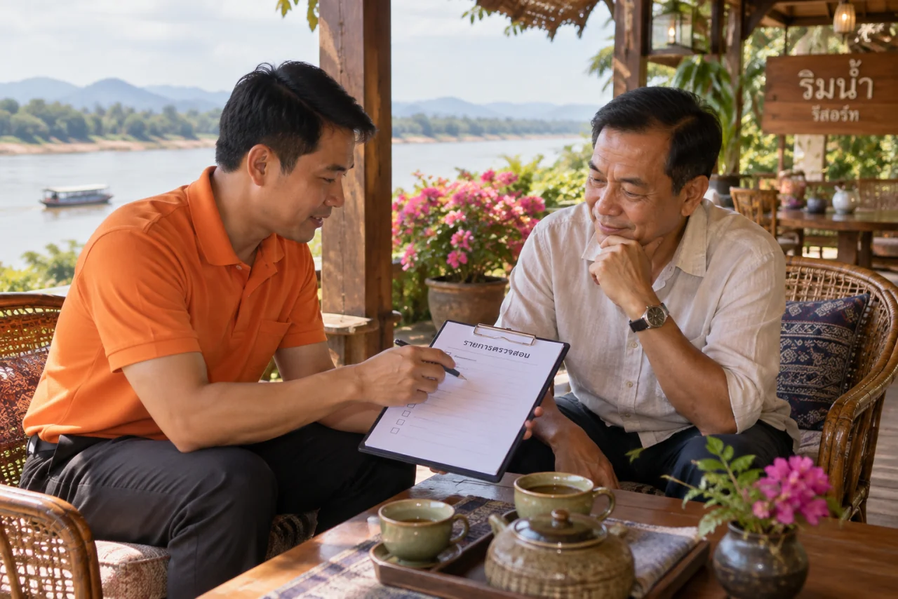 นายจ้างรีสอร์ตริมแม่น้ำโขงในอำเภอเชียงแสน คุยเรื่องเอกสารแรงงานต่างด้าวกับเจ้าหน้าที่ศิริมาส เซอร์วิส ที่ระเบียงไม้