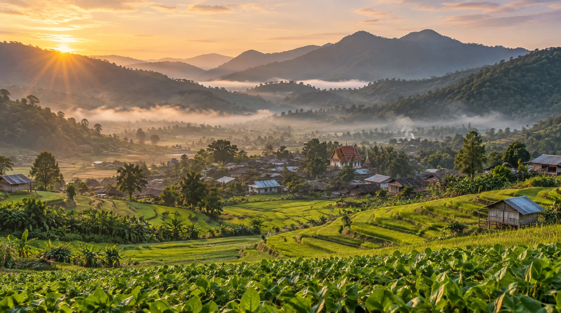 ทุ่งนาและแนวดอยในหุบเขาอำเภอดอยหลวง จังหวัดเชียงราย ยามเช้ามีหมอกบาง