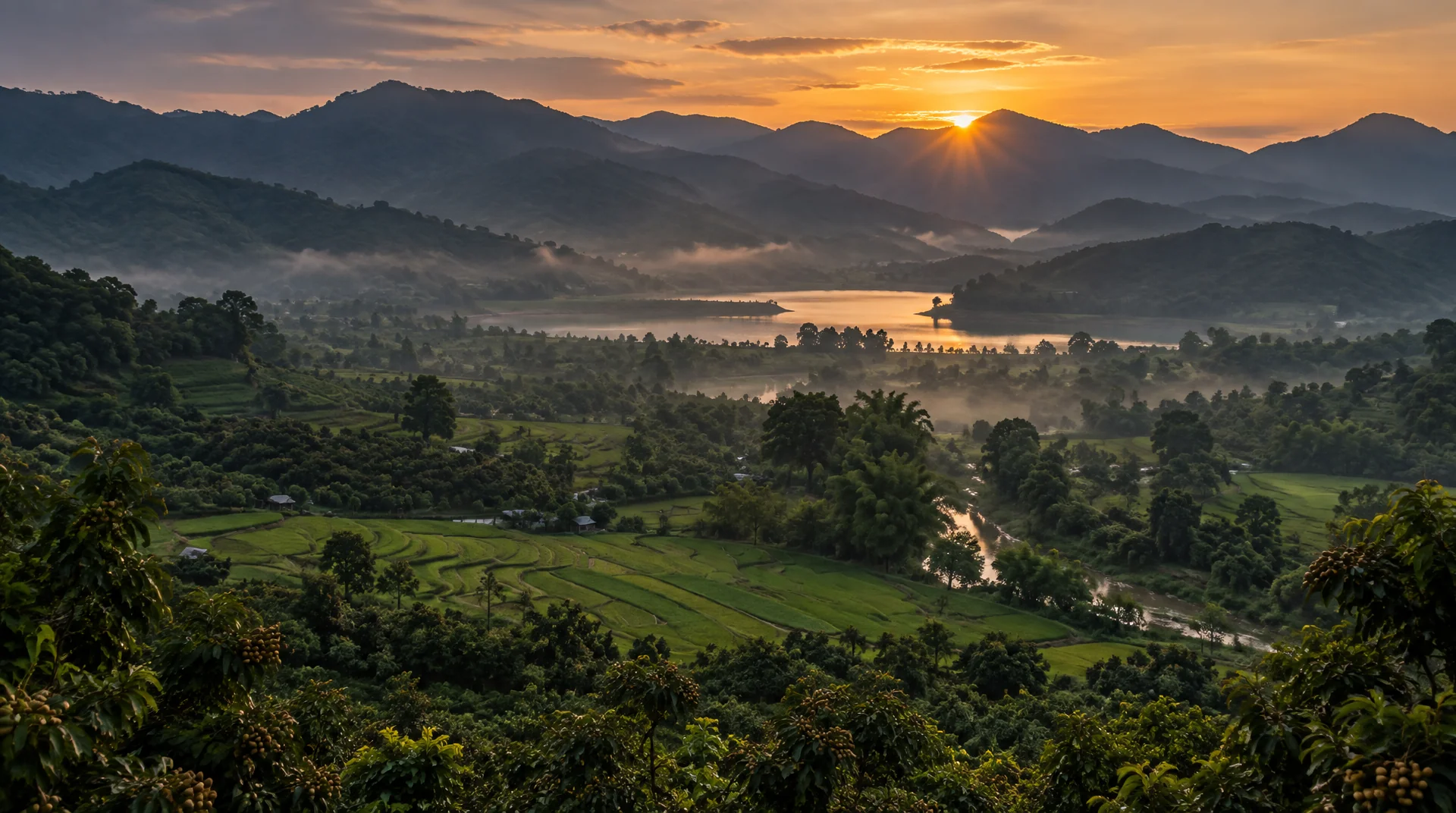 ทุ่งนาเขียวและสวนลำไยในหุบเขาของอำเภอขุนตาล จังหวัดเชียงราย ยามเช้ามีหมอกบาง