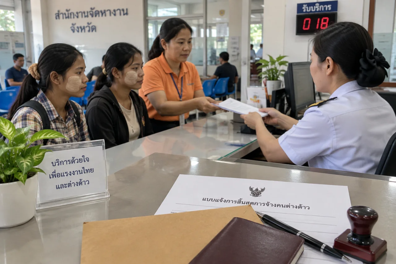 เจ้าหน้าที่ศิริมาส เซอร์วิสพาแรงงานต่างด้าวจากอำเภอแม่ลาวยื่นเอกสารที่เคาน์เตอร์สำนักงานจัดหางานจังหวัดเชียงราย