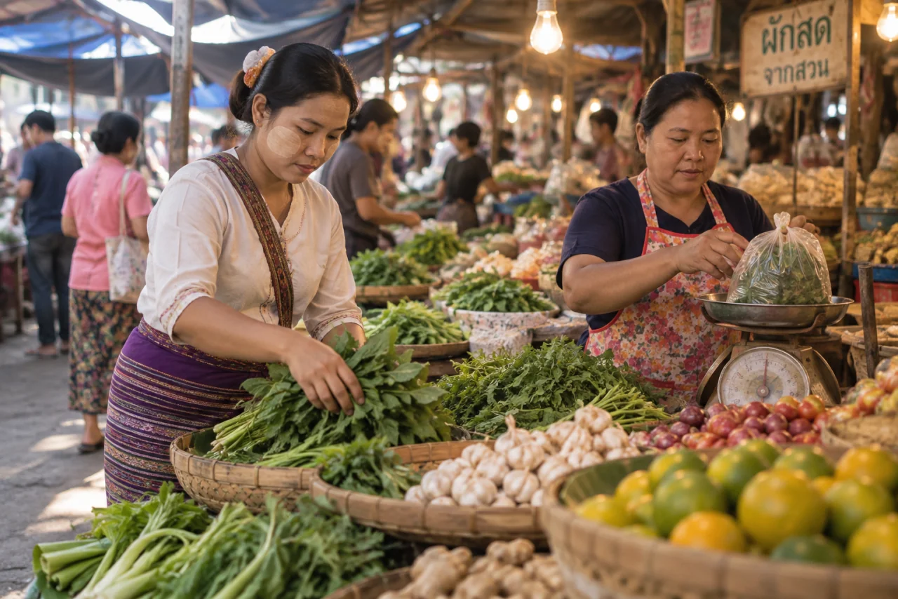 แรงงานไทใหญ่จัดเรียงผักและผลไม้ในแผงตลาดสดอำเภอแม่สาย ช่วงเช้า มีนายจ้างชาวไทยดูแลแผง