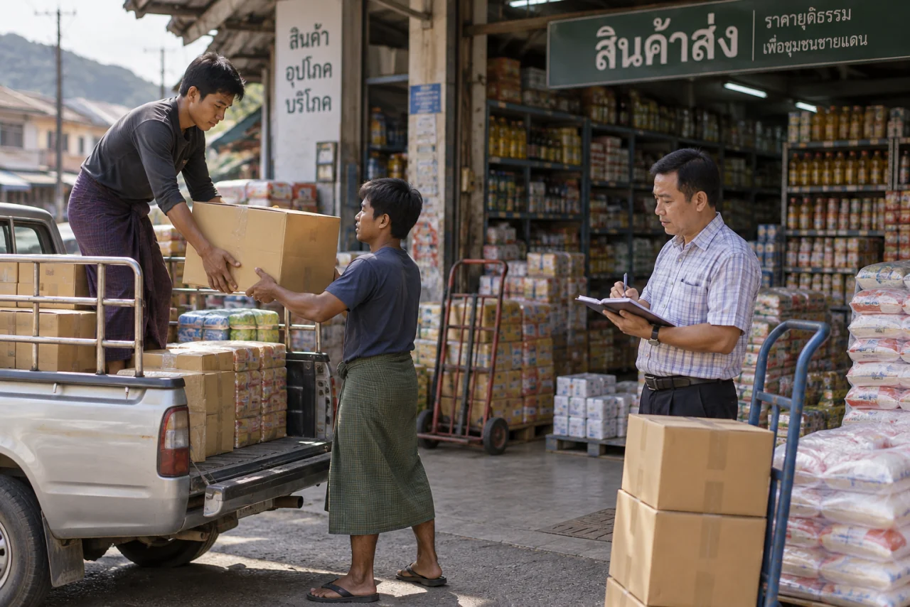 นายจ้างร้านค้าส่งชายแดนแม่สายกับลูกจ้างชาวเมียนมาขนลังสินค้าหน้าร้านในย่านการค้าใกล้ด่านพรมแดน