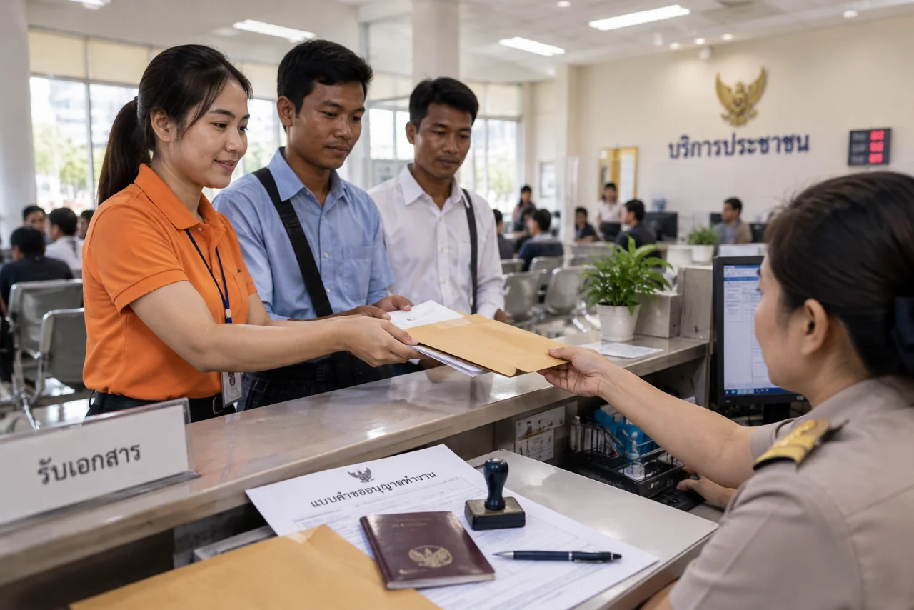 เจ้าหน้าที่ศิริมาส เซอร์วิสพาแรงงานต่างด้าวจากอำเภอแม่สรวยยื่นเอกสารที่เคาน์เตอร์หน่วยงานราชการในตัวเมืองเชียงราย