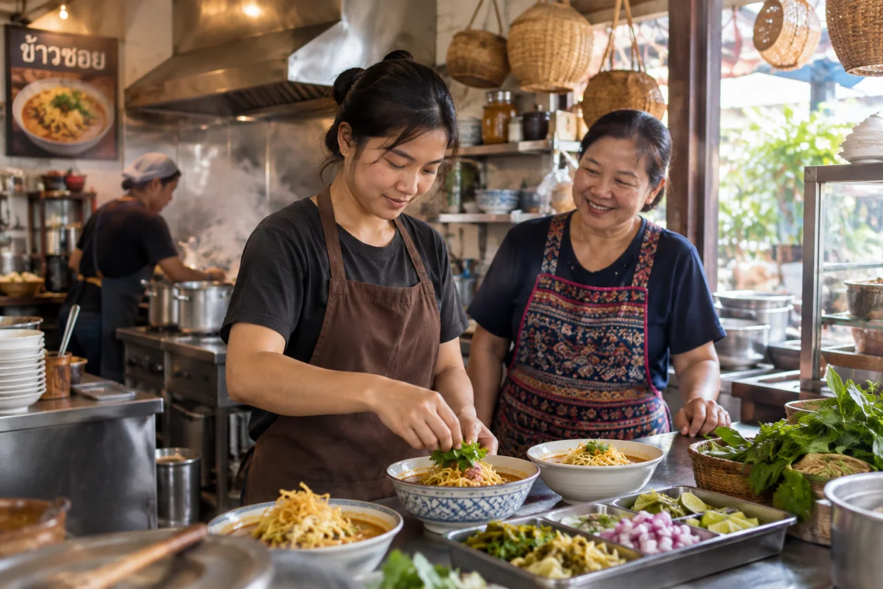 แรงงานเมียนมาทำงานในครัวร้านอาหารพื้นเมืองในตัวเมืองเชียงราย โดยมีเจ้าของร้านคนไทยดูแล