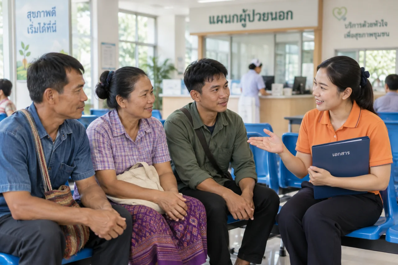 แรงงานลาวรอตรวจสุขภาพที่โรงพยาบาลชุมชน โดยมีผู้ช่วยศิริมาส เซอร์วิสถือแฟ้มเอกสารอยู่ข้าง ๆ