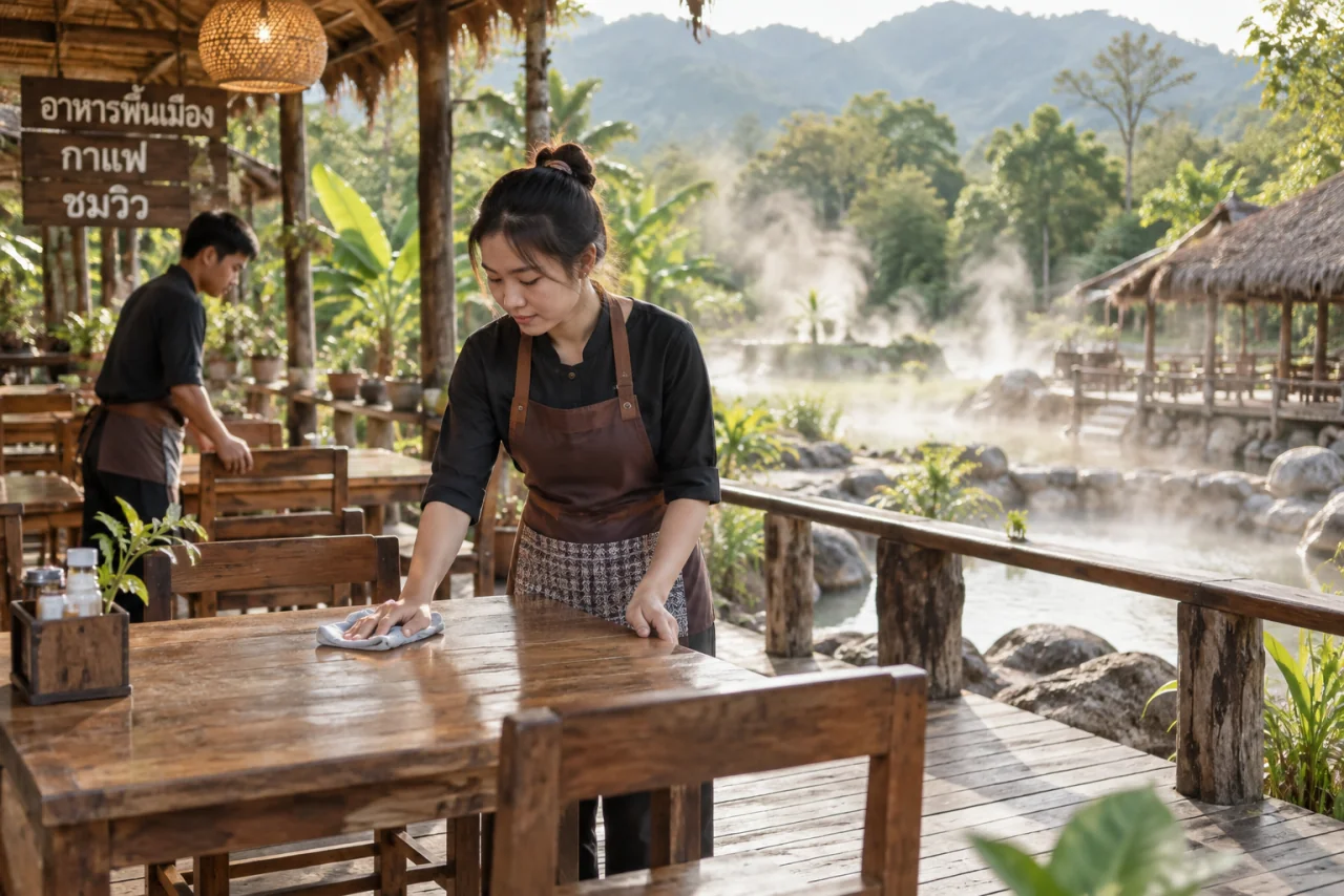พนักงานต่างด้าวจัดโต๊ะและเช็ดพื้นไม้ในร้านอาหารรีสอร์ทริมบ่อน้ำพุร้อน แถบแม่ขะจาน อำเภอเวียงป่าเป้า