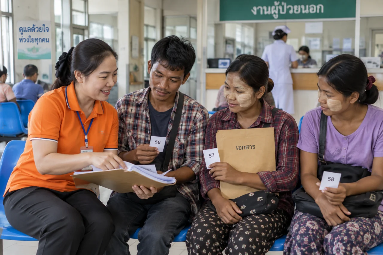 เจ้าหน้าที่เสื้อโปโลสีส้มพาคนงานต่างด้าวรอคิวตรวจสุขภาพที่โรงพยาบาลชุมชนระดับอำเภอในเชียงราย