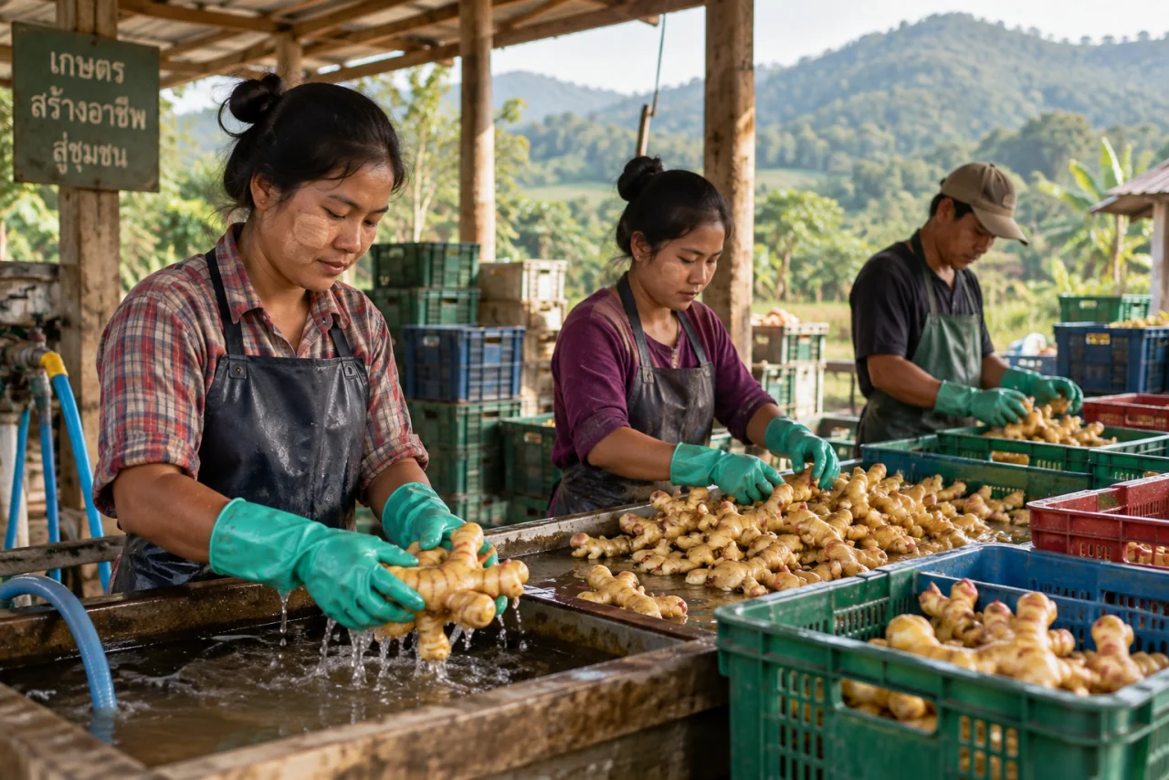 คนงานต่างด้าวล้างและคัดแง่งขิงสดใส่ตะกร้าในโรงเรือนของไร่ขิง อำเภอเวียงป่าเป้า เชียงราย