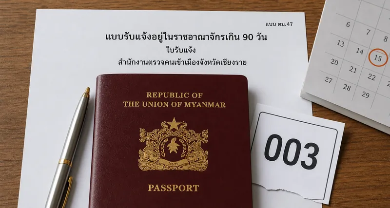 แบบรับแจ้งอยู่ในราชอาณาจักรเกิน 90 วัน (ตม.47) วางคู่หนังสือเดินทางเมียนมา พร้อมปฏิทินกำหนดวันรายงานตัว