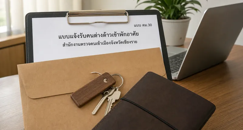 แบบแจ้งรับคนต่างด้าวเข้าพักอาศัย (ตม.30) บนแผ่นรองเขียน พร้อมซองเอกสารและกุญแจห้องพักบนโต๊ะทำงาน