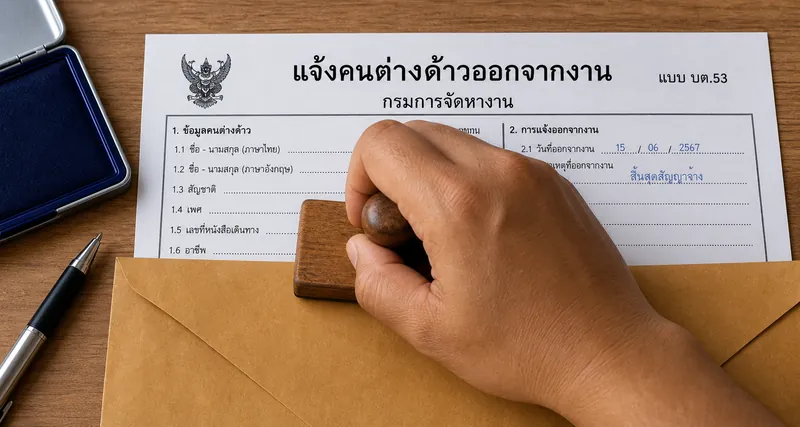 เจ้าหน้าที่ประทับตราแบบแจ้งคนต่างด้าวออกจากงาน (บต.53) กรมการจัดหางาน พร้อมซองเอกสาร